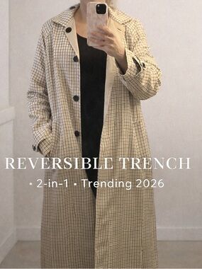 Woman’s Reversible Checked/Beige Long Trench Coat - NWOT (oversized size small)